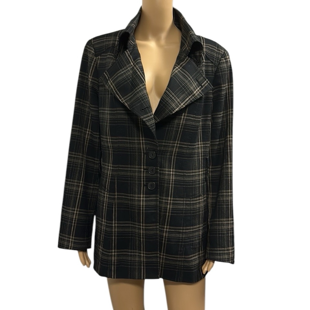 Nine West Black and Tan Plaid Peacoat Jacket Coat with Belt Loops Womens 14